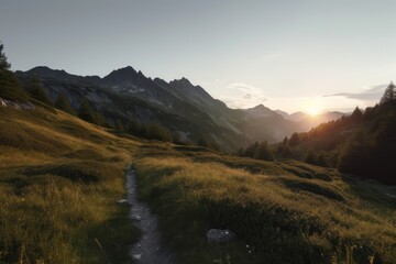 Alpine landscape panorama in the evening, Generative ai