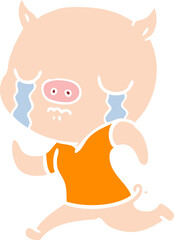 flat color style cartoon pig crying running away