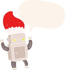 cartoon christmas robot with speech bubble in retro style