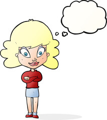 cartoon happy woman with folded arms with thought bubble