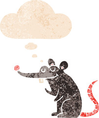 cartoon rat with thought bubble in grunge distressed retro textured style