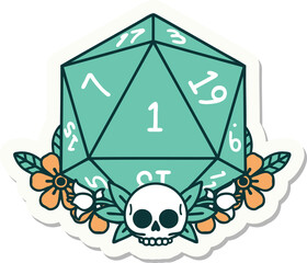 sticker of a natural one dice roll with floral elements