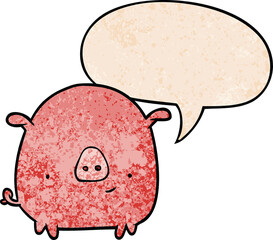 cartoon happy pig with speech bubble in retro texture style