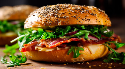 Close-up of a bagel bun stuffed with bacon arugula. Generative AI,