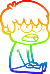 rainbow gradient line drawing of a worried cartoon boy