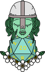 Retro Tattoo Style half orc fighter character with natural twenty dice roll