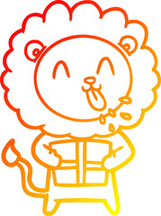warm gradient line drawing of a happy cartoon lion