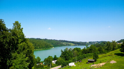 Fototapeta na wymiar Amazing view of Ostrzyckie Lake in Kolano, Kashubia Region, Poland.