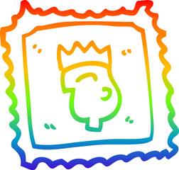 rainbow gradient line drawing of a cartoon stamp with royal face