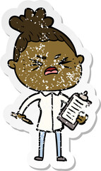 distressed sticker of a cartoon angry woman