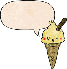 cute cartoon ice cream with speech bubble in retro texture style