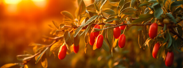 Goji berries grow on a tree in a harvest garden. Generative Ai,