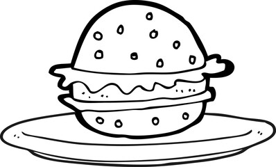 freehand drawn black and white cartoon burger on plate