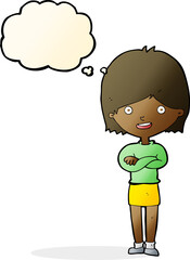 cartoon happy woman with thought bubble