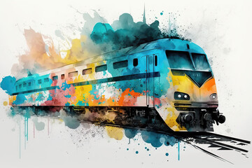 train in aquarelle style, ai generated - obrazy, fototapety, plakaty