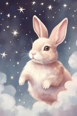 Fototapeta premium dreamy and ethereal watercolor print of a rabbit surrounded by floating clouds and stars. soft pastel shades and gentle brushstrokes to create a sense of tranquility and enchantment