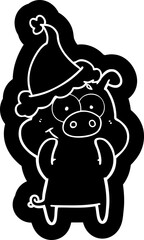 happy quirky cartoon icon of a pig wearing santa hat