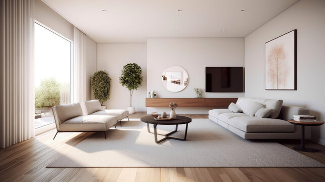 Spacious living area with clean lines, a neutral color palette, and uncluttered surfaces. Generative AI
