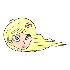 freehand textured cartoon woman with blowing hair