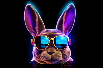 Cool baby young DJ rabbit in sunglasses. Beautiful illustration picture. Generative AI