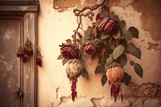 dried red roses hanging an wall, ai generated