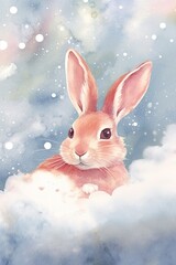 dreamy and ethereal watercolor print of a rabbit surrounded by floating clouds and stars. soft pastel shades and gentle brushstrokes to create a sense of tranquility and enchantment