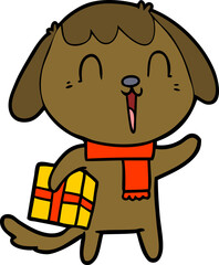 cute cartoon dog with christmas present