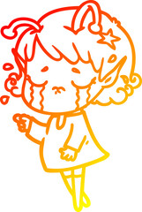 warm gradient line drawing of a cartoon crying alien girl