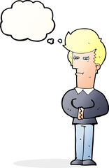 cartoon man narrowing his eyes with thought bubble