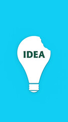 a white bitten light bulb with the inscription idea on a blue background. teeth marks stealing an idea. plagiarism. copying other people's works. horizontal image. 3D image. 3D rendering.