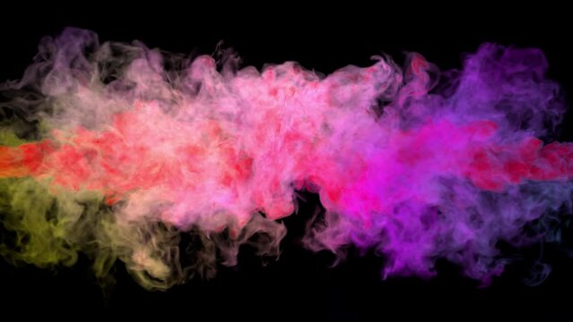 Clouds of colored smoke or ink enter from different sides of the frame and collide in the center in slow motion on black background.