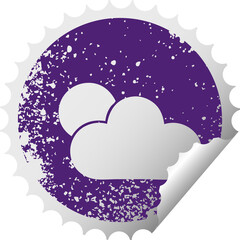 distressed circular peeling sticker symbol of a sunshine and cloud