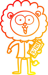 warm gradient line drawing of a happy cartoon lion