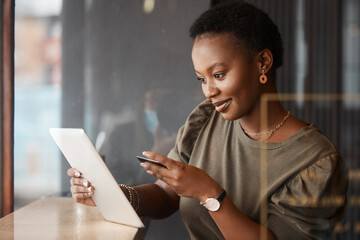Tablet, credit card and black woman at a coffee shop with technology and ecommerce app. Online shopping, African female person and digital payment in a cafe and restaurant with tech and website deal