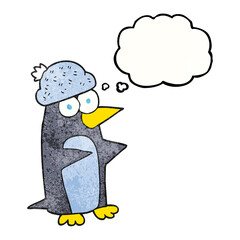 freehand drawn thought bubble textured cartoon penguin