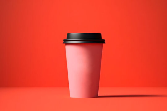 empty paper cup with coffee on red background, mockup copy space generative ai