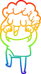 rainbow gradient line drawing of a laughing cartoon man rubbign eyes