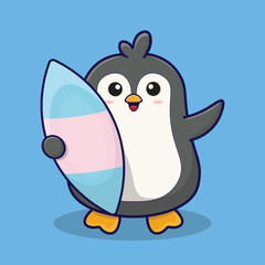 cute penguin with surfboard, summer vector illustration eps, easy to use again, for logo, mascot
