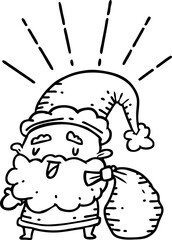 illustration of a traditional black line work tattoo style santa claus christmas character with sack
