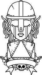 Black and White Tattoo linework Style crying elf fighter character face with natural one D20 roll