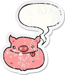 cartoon happy pig face with speech bubble distressed distressed old sticker