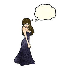 cartoon pretty woman in dress with thought bubble