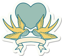 tattoo style sticker with banner of swallows and a heart