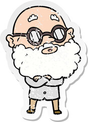 distressed sticker of a cartoon curious man with beard and glasses