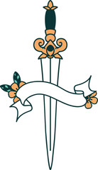 traditional tattoo with banner of a dagger