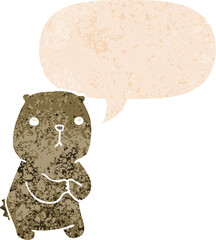 cartoon worried bear with speech bubble in grunge distressed retro textured style