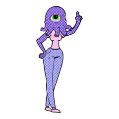 freehand drawn cartoon female alien with raised hand