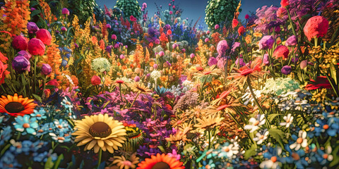 Fototapeta na wymiar colorful flowers in the garden fantasy art - Generative AI