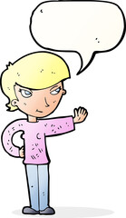 cartoon woman waving with speech bubble