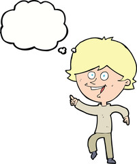 cartoon happy pointing man with thought bubble